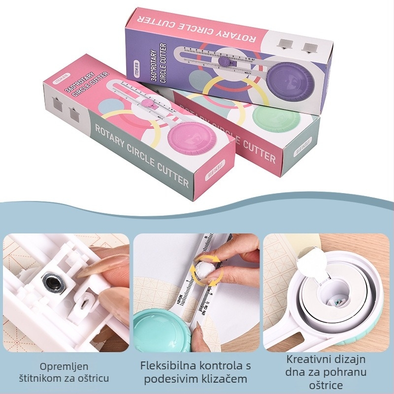 Rotirajući kružni rezač papira – kompas nož, DIY alat za rezanje do A4, boje: zelena, ružičasta, ljubičasta