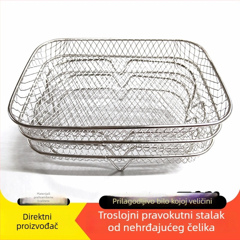 Trostruki pravokutni stalak od nehrđajućeg čelika za fritezu na zrak – 304, mreža roštilja, para, sušenje, slaganje