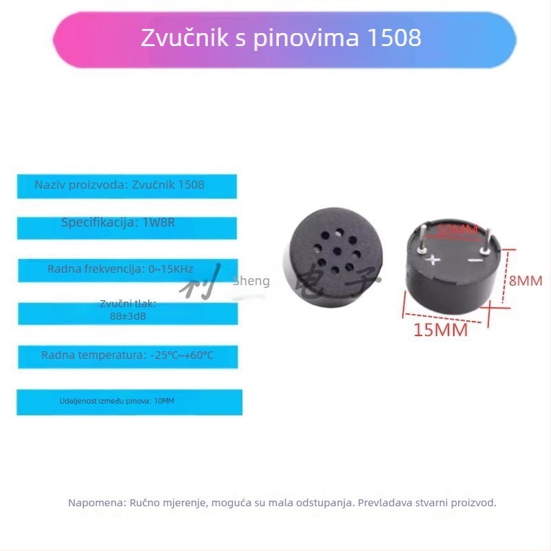 Pasivni mali zvučnik za ugradnju, 8 Ω, 1 W, razmak pinova 10 mm, dimenzije 23×8 mm, za zaključavanje otiskom prsta, modeli 1508/2308/3013