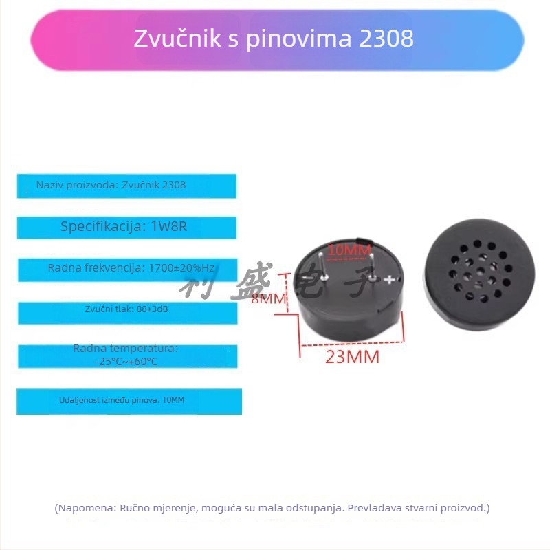 Pasivni mali zvučnik za ugradnju, 8 Ω, 1 W, razmak pinova 10 mm, dimenzije 23×8 mm, za zaključavanje otiskom prsta, modeli 1508/2308/3013