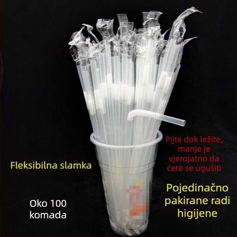 Jednokratne prozirne savitljive slamke, individualno pakirane, kombinacija debelih i tankih, za kašu i vodu
