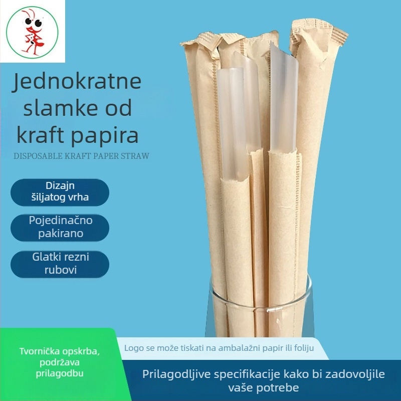 Jednokratne prozirne PP plastične slamke, pojedinačno pakirane, u Kraft papiru omotane, s oštrim vrhom, za napitke poput milk tea