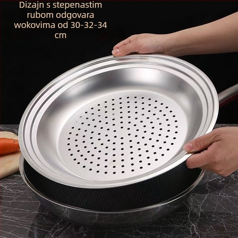 Posuda za paru od nehrđajućeg čelika za wok, 30–32–34 cm, s mrežicom i košarom za paru