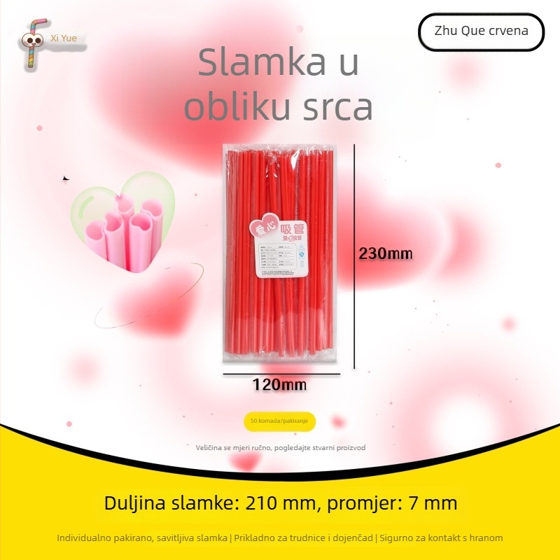 PP slamke u obliku srca ružičaste boje, ravne slamke u obliku srca, pojedinačno zapakirane
