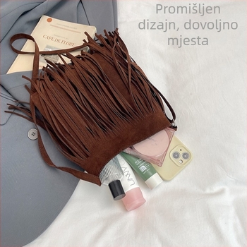 Ženska torbica smeđe boje, retro zapadnjački stil s resicama, boho stil, crossbody torba