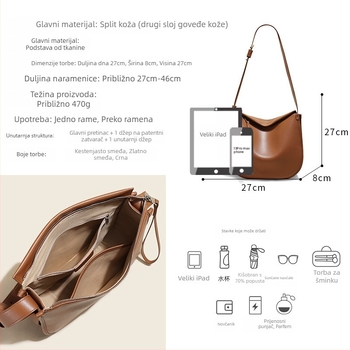 Prava kožna ženska torbica, jednostavna i svestrana, 2025. nova verzija, moderna svakodnevna torba preko ramena s crossbody remenom, velik kapacitet