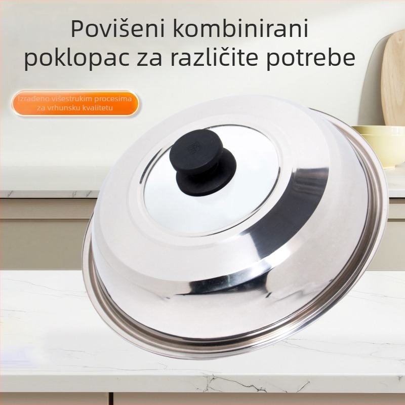 Poklop za lonac od nehrđajućeg čelika, okrugli, kaljeno staklo, univerzalna prilagodba, otporan na visoke temperature