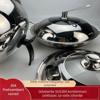 Poklop za wok od 304 nehrđajućeg čelika s ojačanim staklenim poklopom, ekstra debeli, duboki bubnjasti dizajn, proziran kombinirani poklop