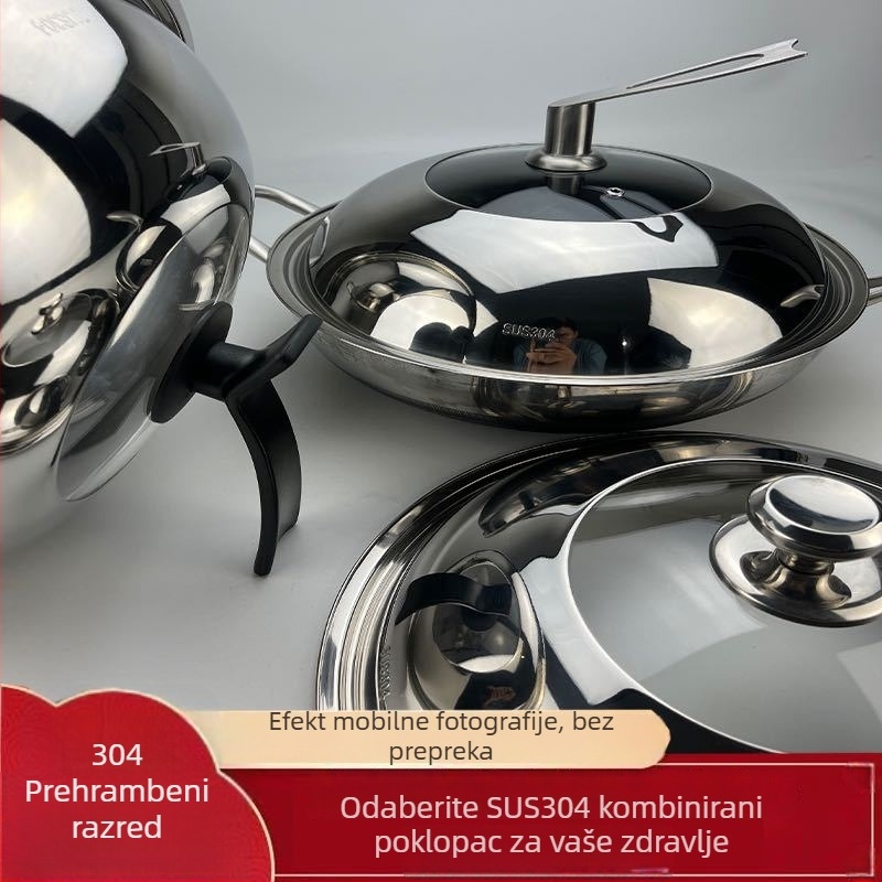 Poklop za wok od 304 nehrđajućeg čelika s ojačanim staklenim poklopom, ekstra debeli, duboki bubnjasti dizajn, proziran kombinirani poklop
