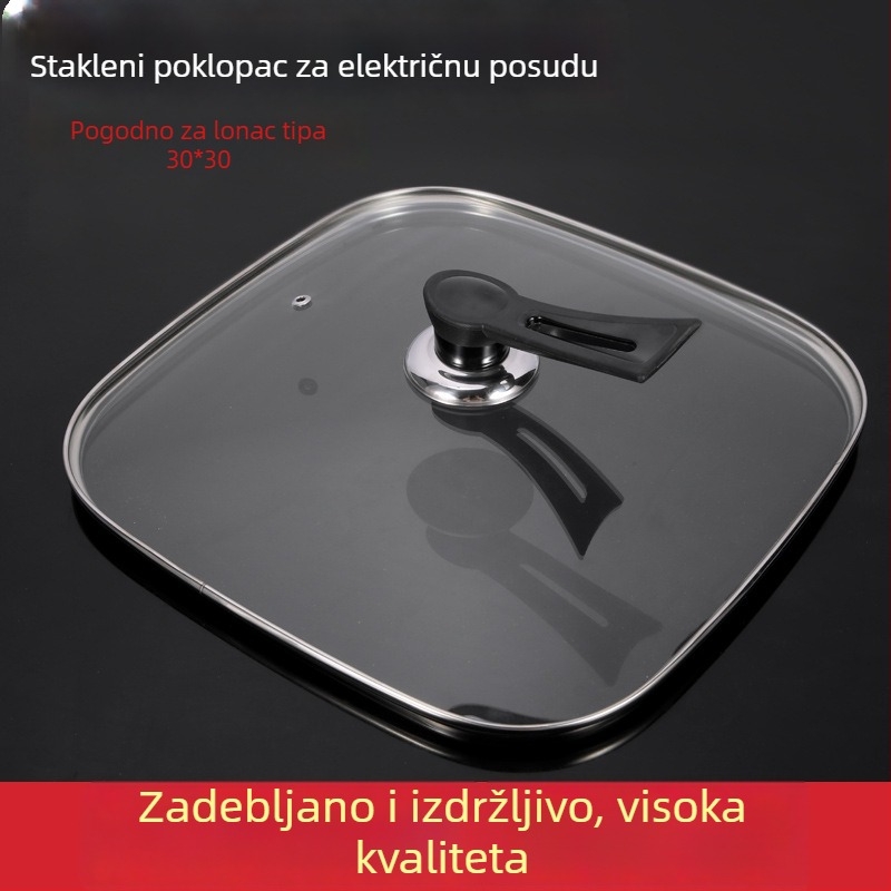 Korejskog stila kvadratni poklop za električni lonac promjera 30 cm, kaljeno staklo, univerzalno za kvadratne posude, set dodatnog pribora