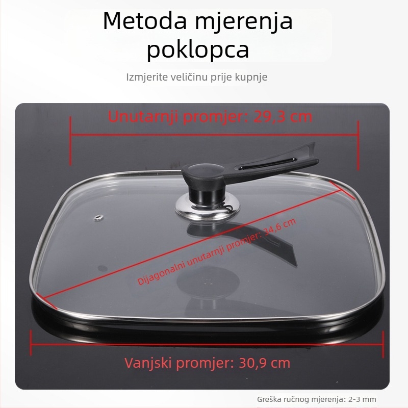 Korejskog stila kvadratni poklop za električni lonac promjera 30 cm, kaljeno staklo, univerzalno za kvadratne posude, set dodatnog pribora