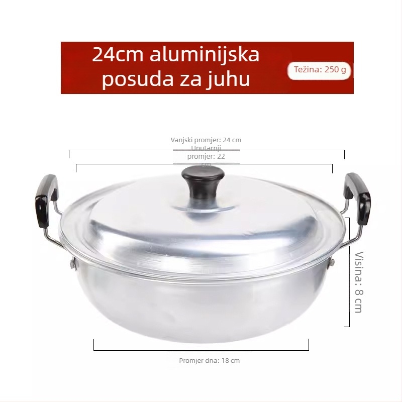 Debela posuda za juhu od čistog aluminija s dvije drške; mala aluminijska posuda za mlijeko i ramen; za kašu i gulaš; pogodna za plinski štednjak