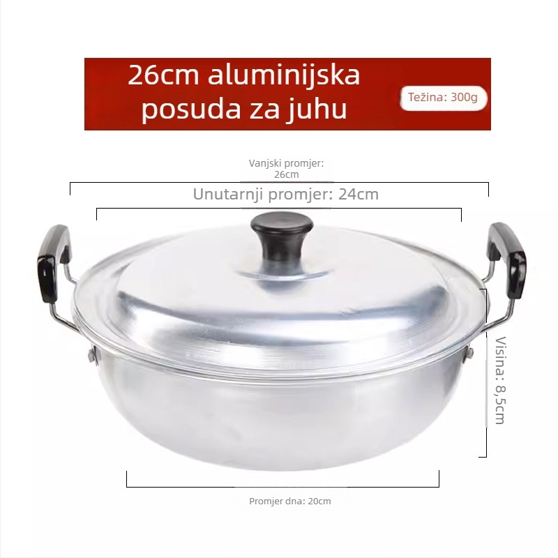 Debela posuda za juhu od čistog aluminija s dvije drške; mala aluminijska posuda za mlijeko i ramen; za kašu i gulaš; pogodna za plinski štednjak