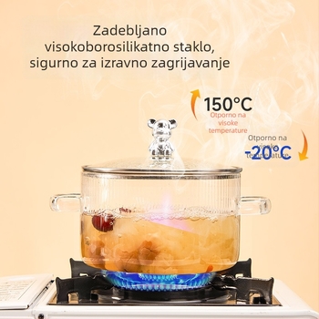 Lonac od borosilikatnog stakla u obliku medvjeda, s dvije ručke, otporan na visoke temperature i otvoreni plamen; idealan za juhe, kašu i dinstana jela na plin.