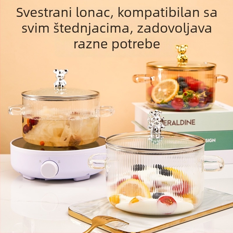 Lonac od borosilikatnog stakla u obliku medvjeda, s dvije ručke, otporan na visoke temperature i otvoreni plamen; idealan za juhe, kašu i dinstana jela na plin.
