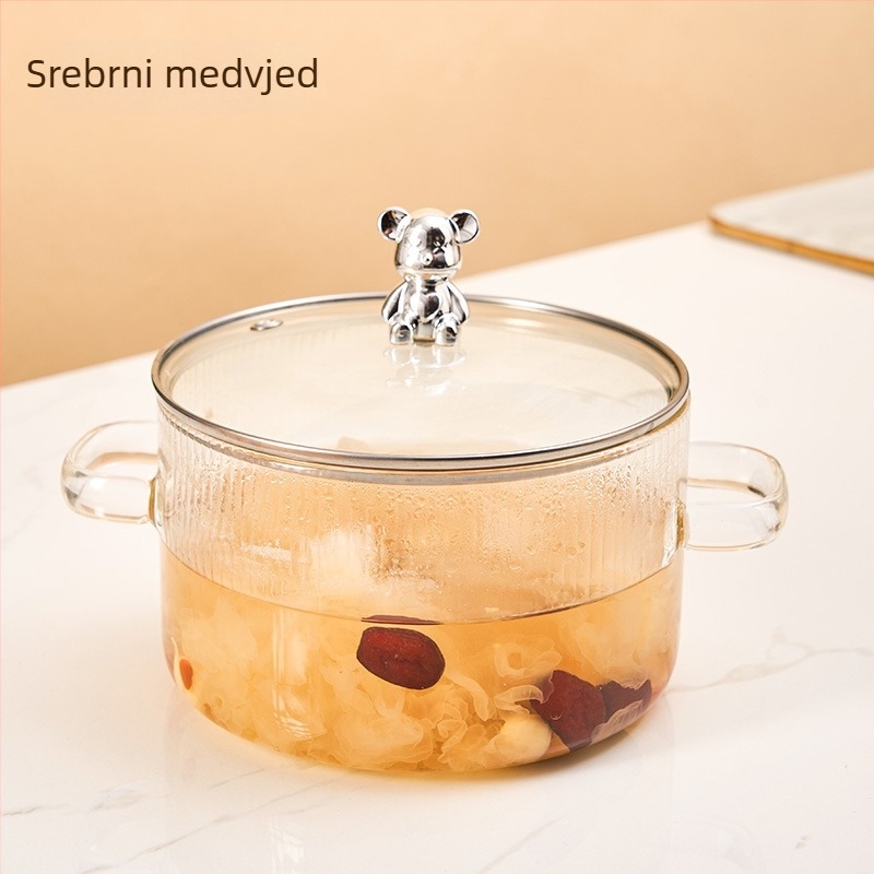Lonac od borosilikatnog stakla u obliku medvjeda, s dvije ručke, otporan na visoke temperature i otvoreni plamen; idealan za juhe, kašu i dinstana jela na plin.