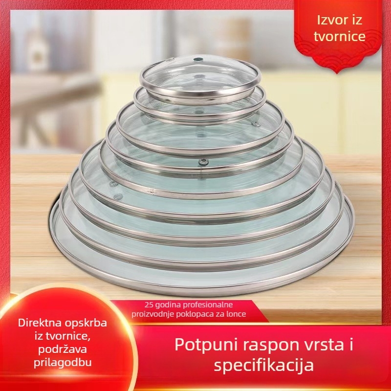 Poklop od kaljenog stakla s debelim rubom od nehrđajućeg čelika, okrugli prozirni poklop za wok i tavu, kompletan skup veličina za kućnu upotrebu