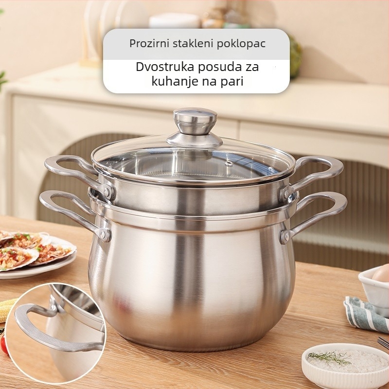 Dvostruka posuda za parenje od nehrđajućeg čelika za kućnu upotrebu, lonac za paru s dvjema ručkama, kompatibilan s indukcijskom i plinskom pločom, velika zapremina, zakrivljeni dizajn