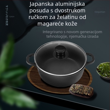 Japanski stil aluminijski kuhinjski set za dom — duboka posuda za juhu s dvije ručke, neprijanjajući premaz, stakleni poklopac