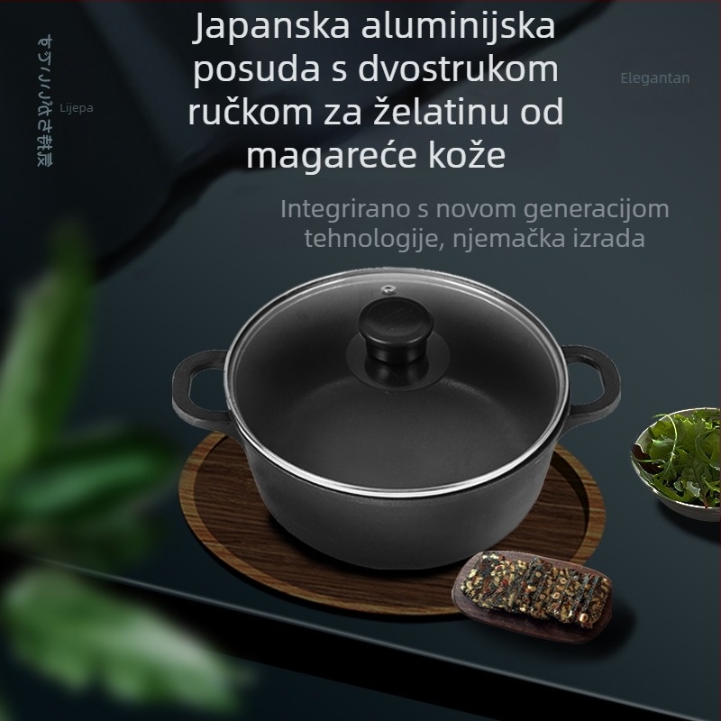 Japanski stil aluminijski kuhinjski set za dom — duboka posuda za juhu s dvije ručke, neprijanjajući premaz, stakleni poklopac