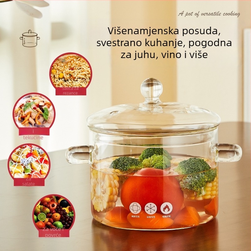 Staklena posuda za juhu s poklopcem, borosilikatno staklo, 1,1–2 L, pogodna za plinski štednjak