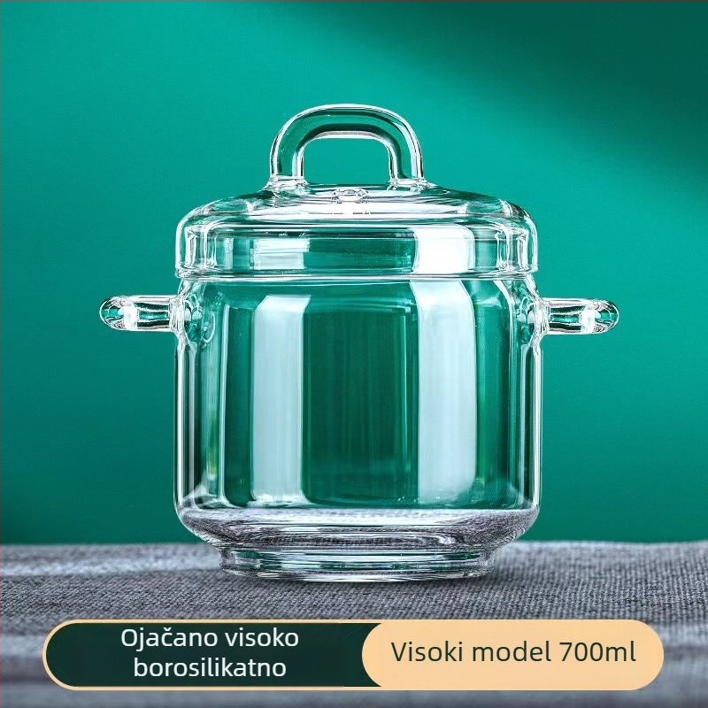 Staklena posuda za dinstanje od borosilikatnog stakla, debeli zidovi, otporna na visoke temperature, s dvostrukim ručkama, mala kapaciteta za zdrave juhe