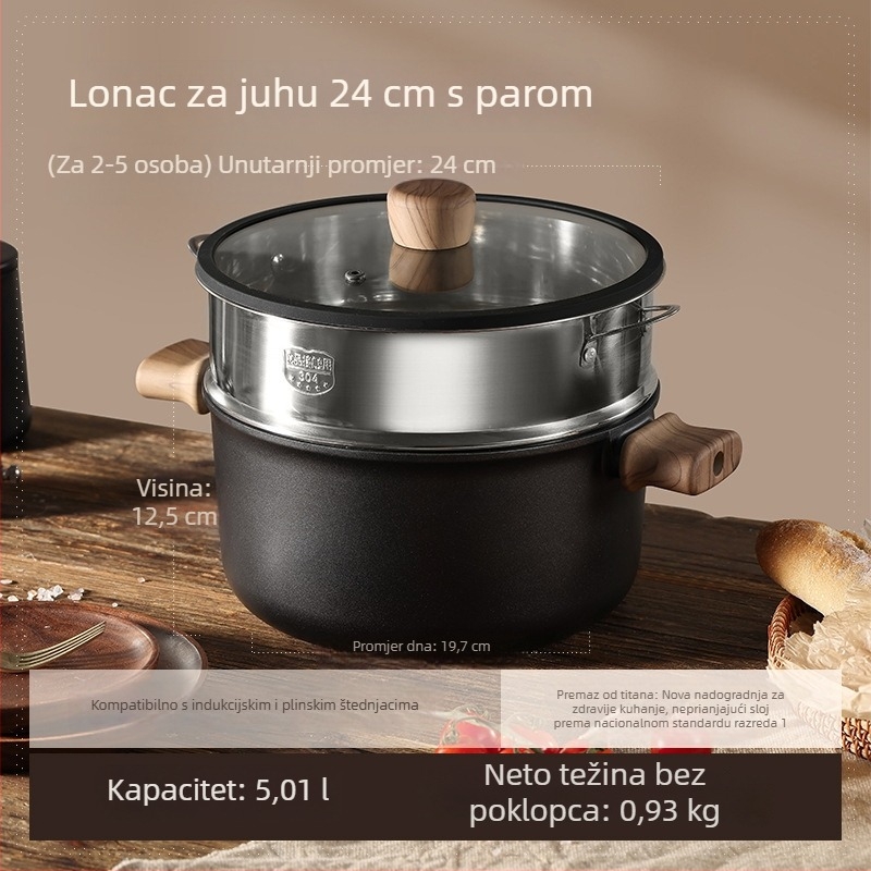 Titanska neprimjetljiva posuda za juhu na paru i kuhanje, s dvostrukim ušima, kompatibilna s indukcijom i plinskim štednjakom, kapacitet 3,1–4 L