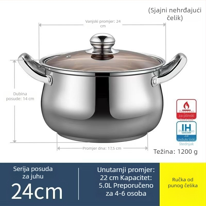 Debeli nehrđajući čelik, posuda u obliku jabuke, za kućnu upotrebu, 24 cm, velik kapacitet za juhe, tjesteninu i hot pot, kompatibilna s indukcijskom i plinskom pločom