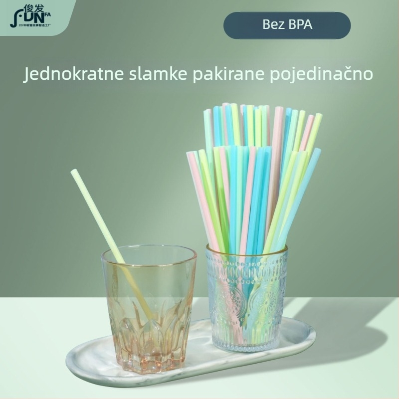 Šarene, individualno pakirane prozirne slamke za napitke — tanke slamke za sokove, sojino mlijeko i smoothie, dugačke ravne slamke