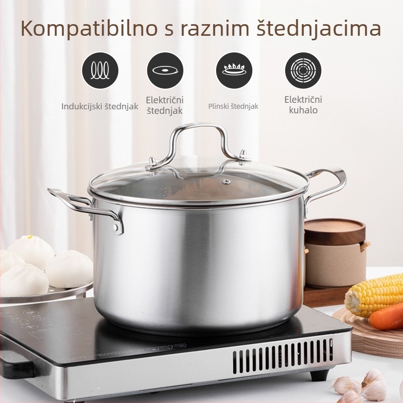 Europski stil debela nehrđajuća čelična jušna posuda s parom, veliki kapacitet, dvostruke ručke, staklena poklopac, 3,1–4 L, 400-serija