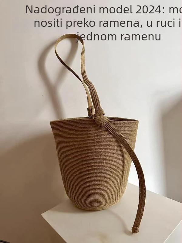Slamnata bucket torba za ljeto, velika zapremina, jednonosni remen, vintage stil za plažu