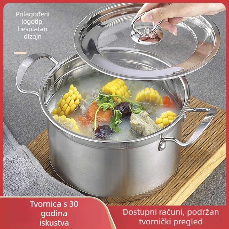 Lonac za juhu od nehrđajućeg čelika za kućnu upotrebu, debeli stijenki, stakleni poklopac, europski stil pravokutnog dizajna, kapacitet 3,1–4 l, veličine 22/24/26 cm