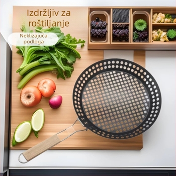 Okrugli tiganj od lijevane željeza s neprijanjajućom površinom, sklopivi i prijenosni za roštilj na otvorenom