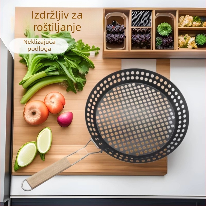 Okrugli tiganj od lijevane željeza s neprijanjajućom površinom, sklopivi i prijenosni za roštilj na otvorenom