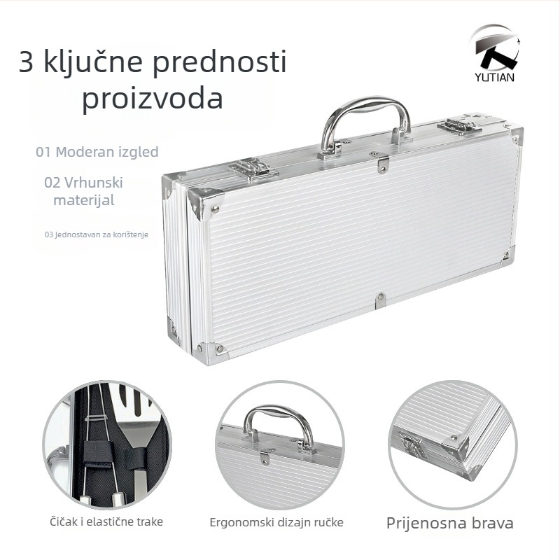 Šest dijelova seta alata za roštilj na otvorenom od nehrđajućeg čelika u aluminijskoj kutiji