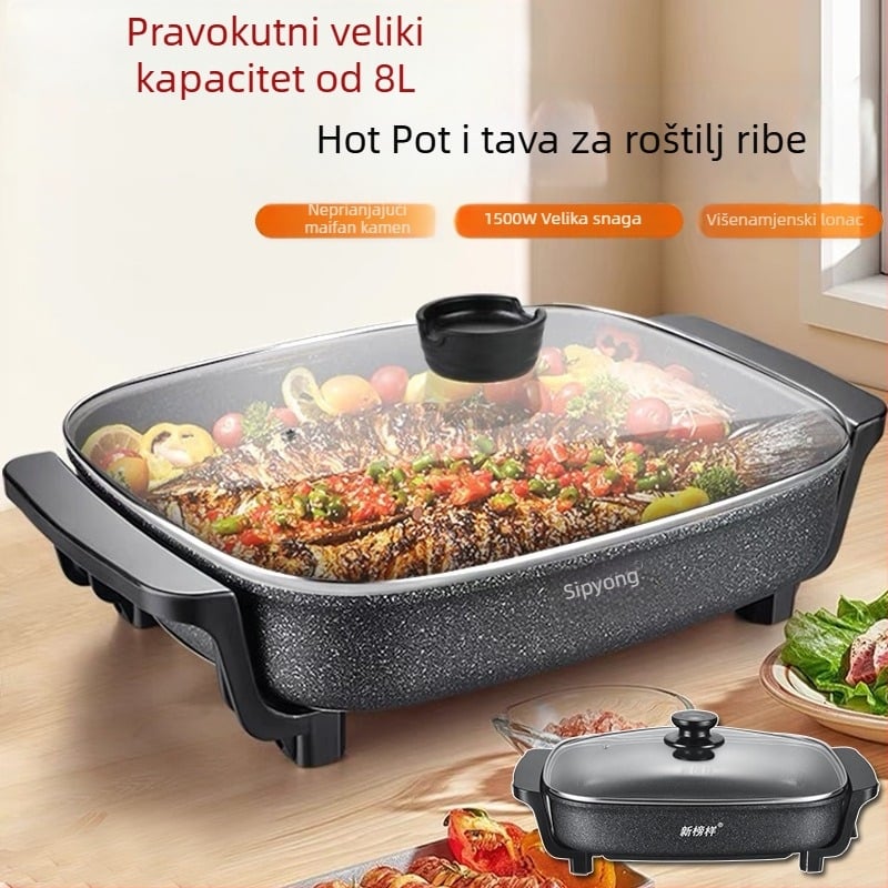 X0400 Višenamjenski električni lonac s korejskim roštiljem, Maifan kamen, neprijanjajuće prevlake, pravokutnog oblika