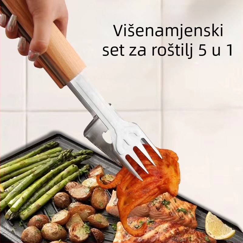 Višenamjenski pet u jednom iz kućne i vanjske upotrebe od nehrđajućeg čelika 430: kliješta za hranu, vilica, lopatica, kliješta za meso, otvarač boca i nož za steak