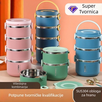 Kutija za obrok od 304 nehrđajućeg čelika s izolacijom, veliki kapacitet, višeslojna, prijenosna, mikrovalna kompatibilna, održava hranu svježom, s odvojenim pretincima