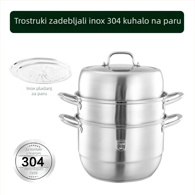 Parni lonac od nehrđajućeg čelika 304, trostruki sloj s debelim dnom, višenamjenski kućni parovnik s rešetkom za paru i za ribu