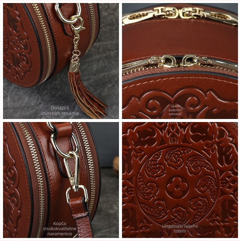 Prava koža, retro-reljefna mala okrugla torbica za žene, visoke kvalitete, preko ramena ili crossbody