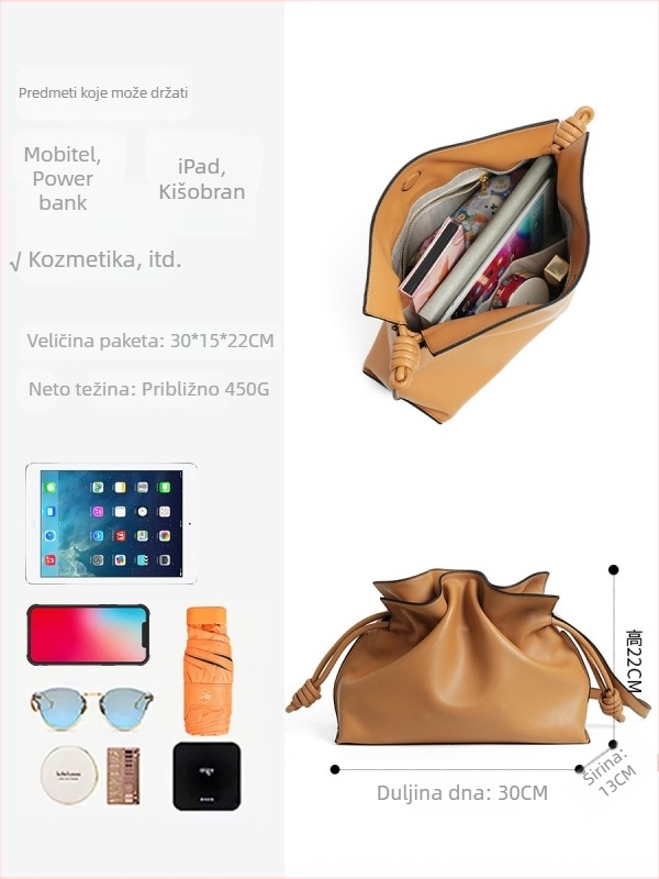 Torba s plisiranjem i vezicom, dizajn oblaka, ženska kožna torba za rame ili crossbody, svakodnevna upotreba