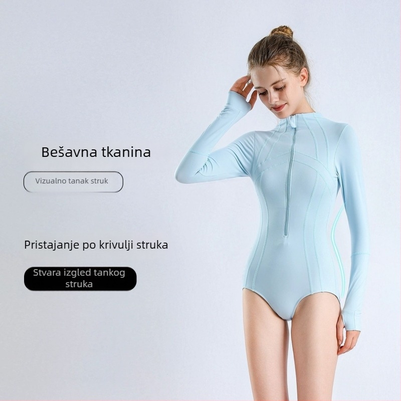 Ženski jednodijelni kupaći kostim s visokim ovratnikom i dugim rukavima, UV zaštita, brzo sušenje, konzervativni profesionalni wetsuit za surfanje i ronjenje (zaštita od meduza)