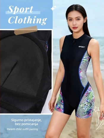 Ženski jednodijelni kupaći bez rukava, s čvrstim košaricama, prednji zatvarač, visok struk, sportski stil