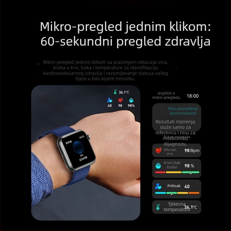 Pametni sat s Bluetooth pozivima, glasovnim asistentom, praćenjem otkucaja srca i tjelesne temperature, mikro zdravstveni pregled, mjerenje mokraćne kiseline i lipida TK50