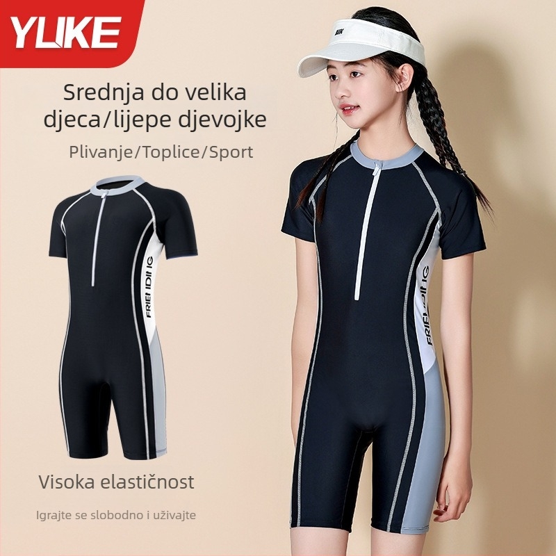 2024 nova dječja jednodelna sportska kupaća kostim s konzervativnim dizajnom, vizualno oblikuje trbuh, kratki rukav, pogodna za ronjenje i toplinske izvore