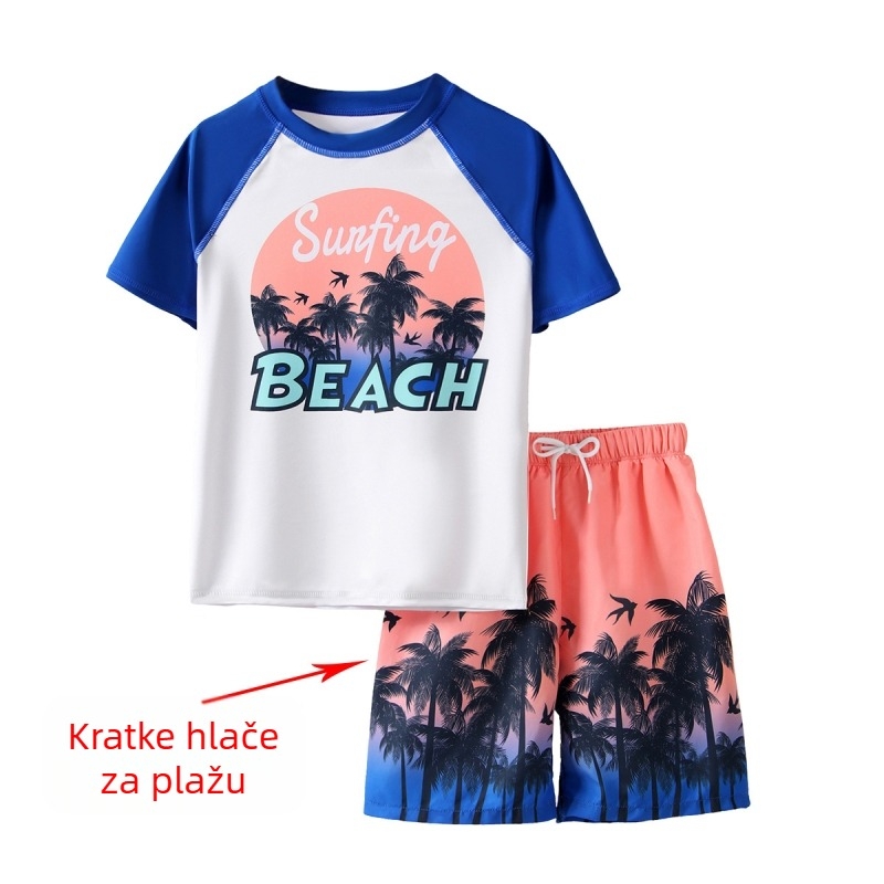 Dječji dvodijelni kupaći kostim za dječake s otiskom kokosovog drveta, model 2025, gornji dio s kratkim rukavima i kupaće šorce za plažu
