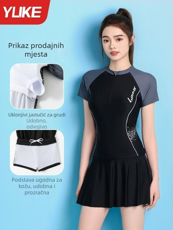 Ženski jednodijelni kupaći kostim 2025, novi model: visok struk, prekrivanje trbuha, oblikovanje tijela, konservativan sportski stil, poliester