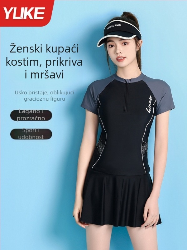 Ženski jednodijelni kupaći kostim 2025, novi model: visok struk, prekrivanje trbuha, oblikovanje tijela, konservativan sportski stil, poliester