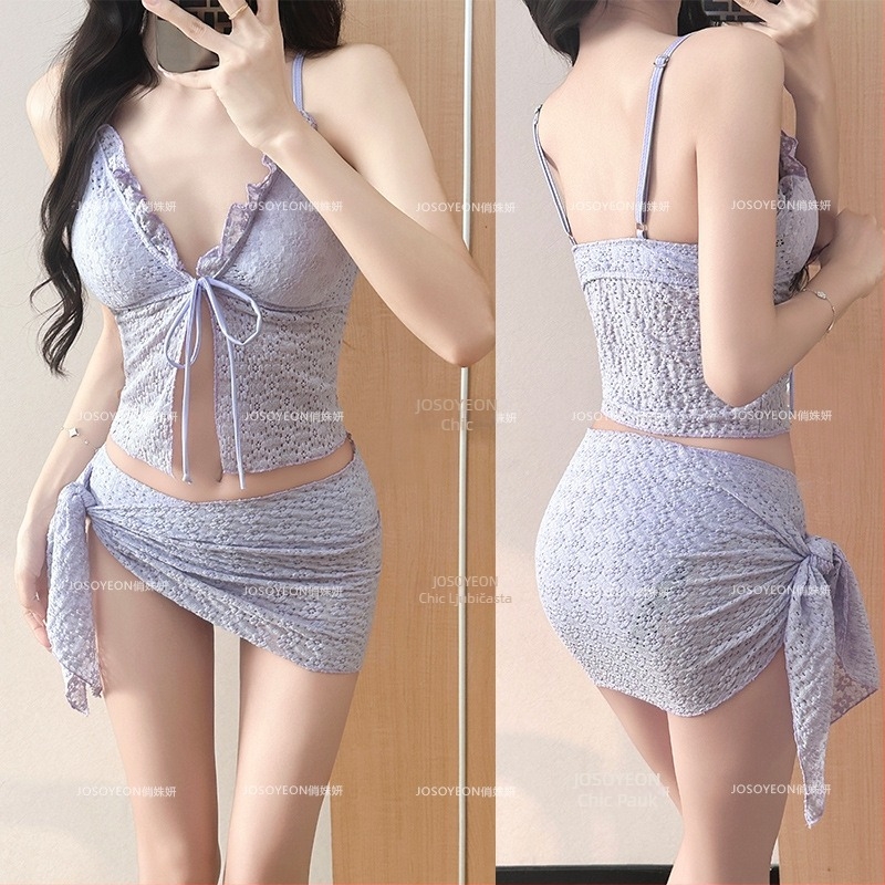 Ženski novi seksi bikini svijetlo ljubičaste boje, dvodijelni trokutasti vez s vezicama oko vrata, vizualno sužava male grudi, pogodan za termalne odmore