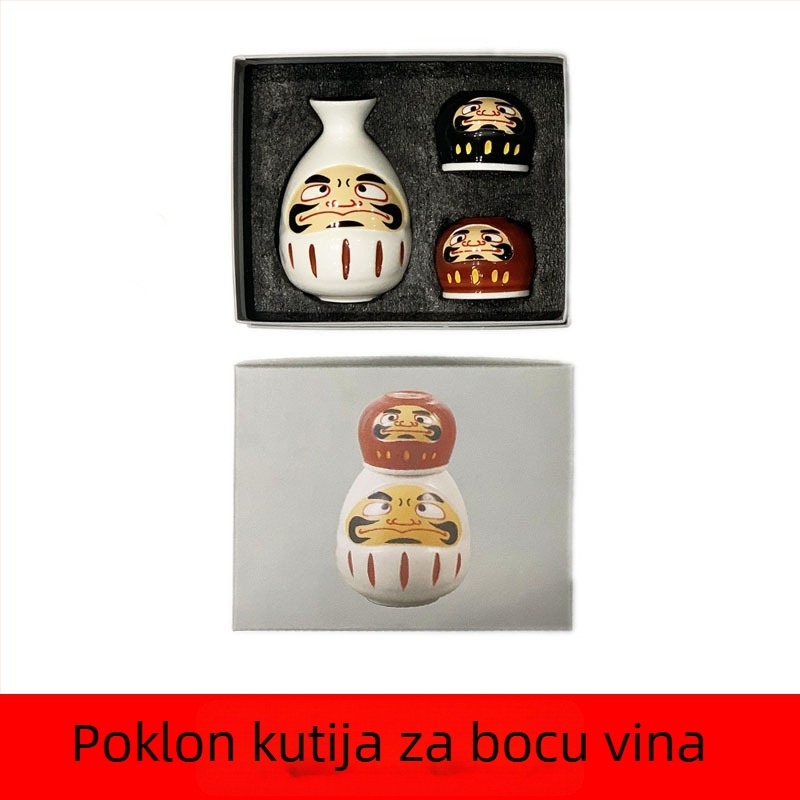 Japanski stil saké posuda s ručno oslikanim Darumom, set s jednim posudom i dvije šalice za šochu, retro keramički servis za vino u kutiji za poklon